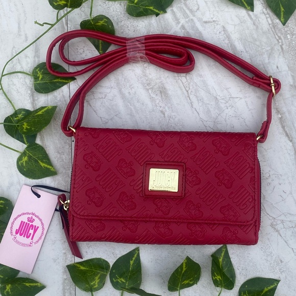 Juicy Couture Handbag Crossbody Rare Shoulder Bag 90s Red Embossed Logo Wallet - Picture 1 of 11